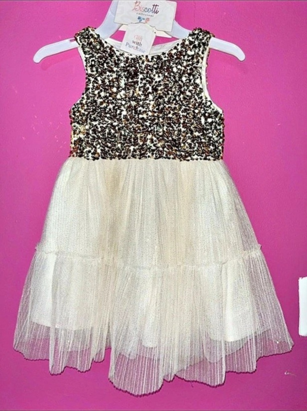 Biscotti Kids Sequin Party Dress in White & Gold